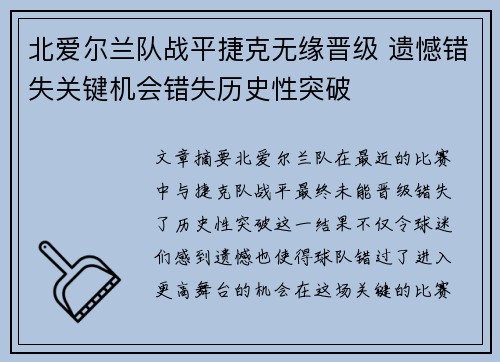 北爱尔兰队战平捷克无缘晋级 遗憾错失关键机会错失历史性突破